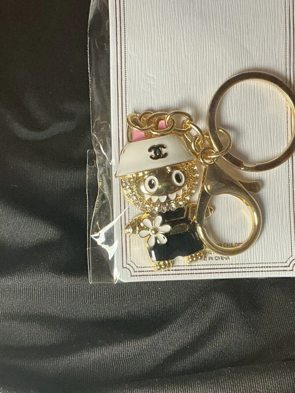★ Black White Baseball Player Keychain Gold Hardware Bag Charm New